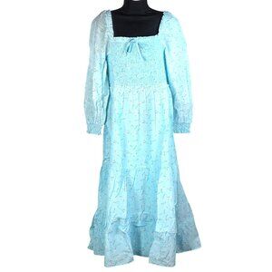 Vineyard Vines Womens Blue Midi Dress  Lg with Puff Sleeves Ruffle & Smocking